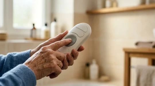 Main âgée avec arthrose activant facilement une télécommande de WC lavant japonais, symbolisant l'autonomie et le confort hygiénique
