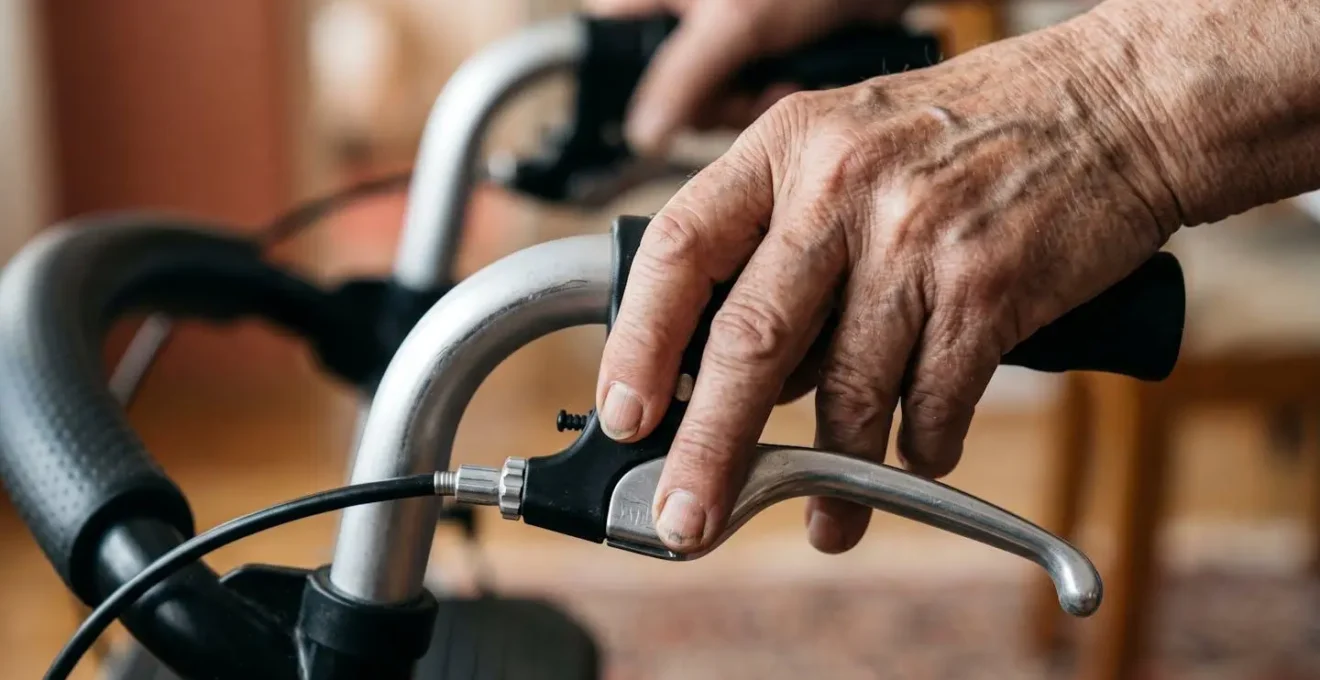 Gros plan sur les mains d'une personne âgée actionnant les freins de parking d'un déambulateur