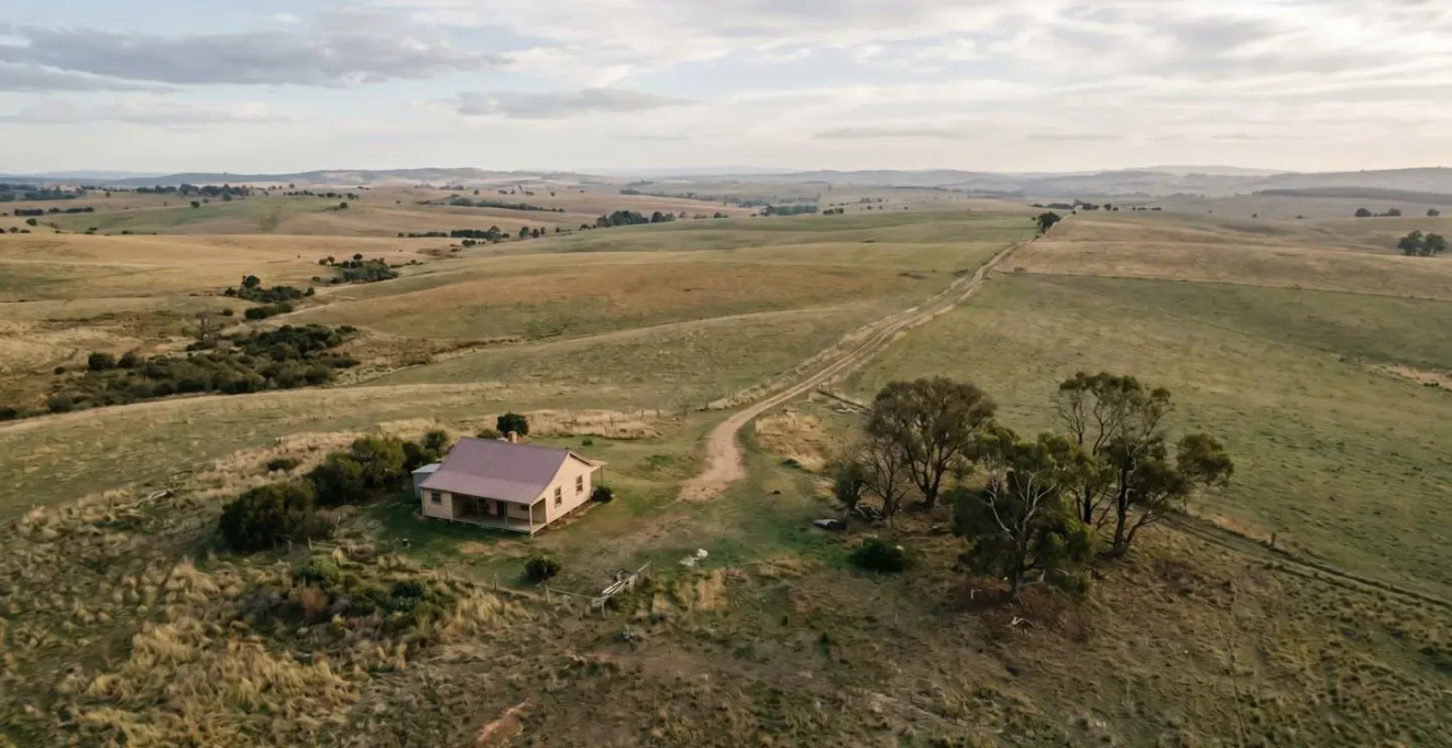Vue extérieure d'une maison de campagne entourée de nature, symbolisant l'isolement géographique