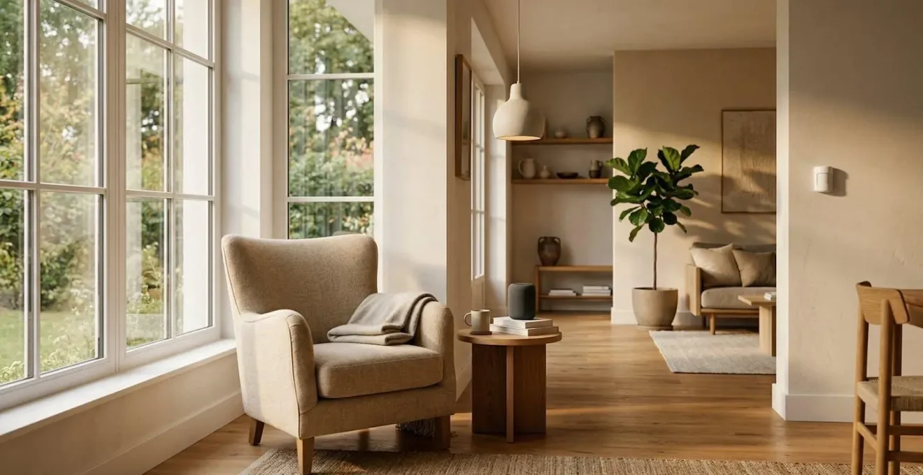 Intérieur chaleureux d'une maison moderne avec dispositifs domotiques discrets intégrés, symbolisant l'autonomie et le confort des seniors à domicile