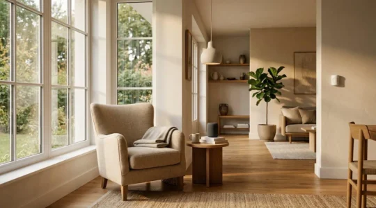 Intérieur chaleureux d'une maison moderne avec dispositifs domotiques discrets intégrés, symbolisant l'autonomie et le confort des seniors à domicile