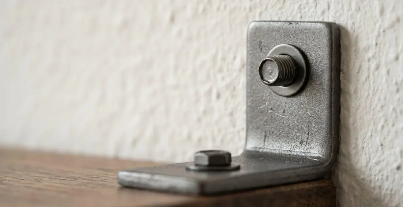 Gros plan sur un système de fixation murale anti-basculement pour meuble de cuisine, montrant la solidité de l'ancrage
