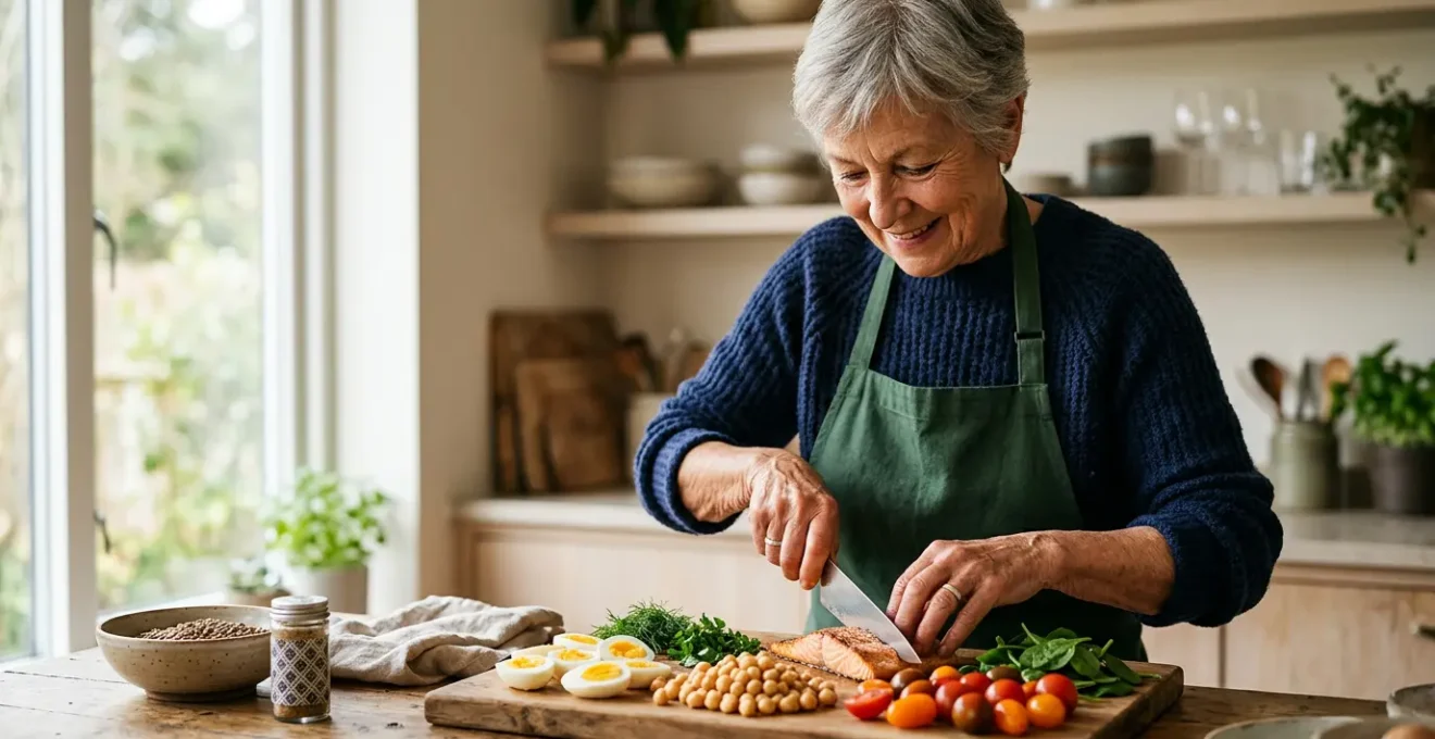 Senior actif et en bonne santé préparant un repas équilibré riche en protéines dans une cuisine lumineuse