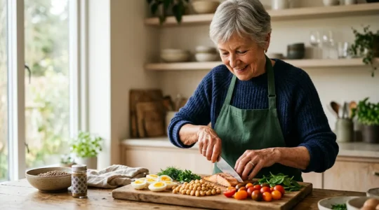 Senior actif et en bonne santé préparant un repas équilibré riche en protéines dans une cuisine lumineuse