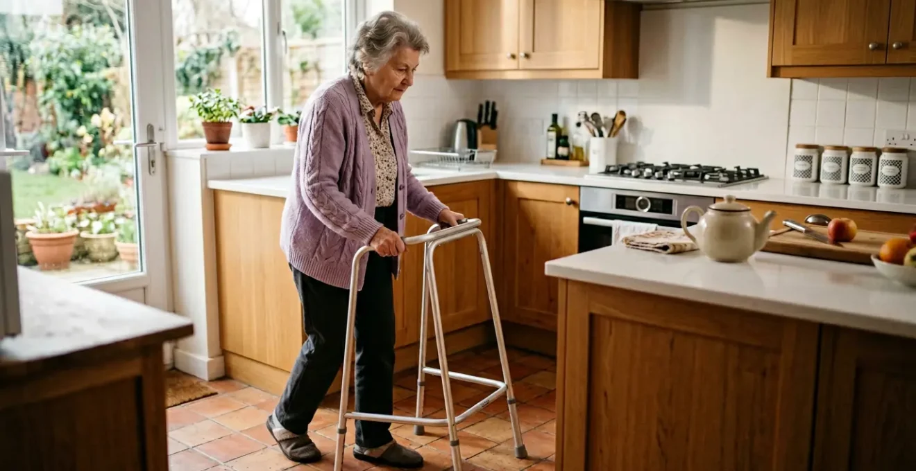Personne âgée utilisant un cadre de marche fixe dans une cuisine moderne et accessible