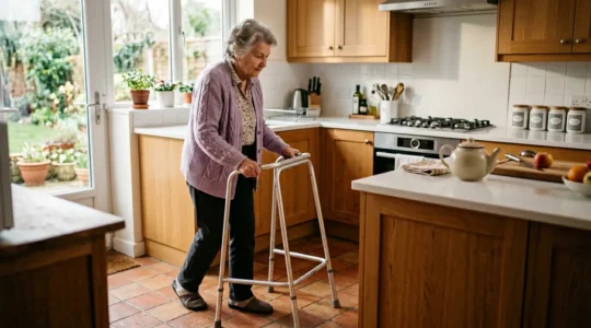 Personne âgée utilisant un cadre de marche fixe dans une cuisine moderne et accessible