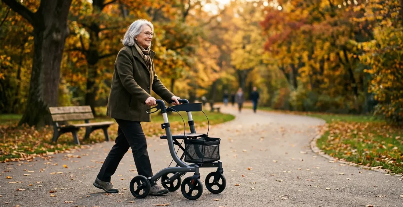 Personne âgée marchant sereinement avec son déambulateur à roues dans un parc urbain en automne