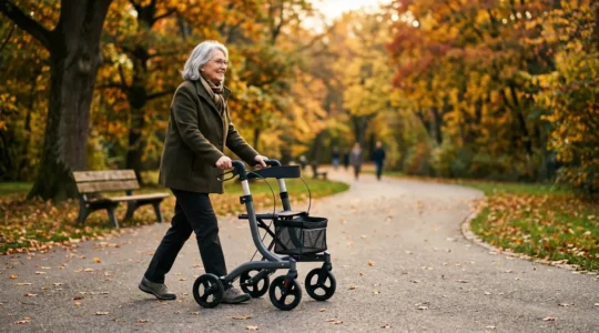 Personne âgée marchant sereinement avec son déambulateur à roues dans un parc urbain en automne