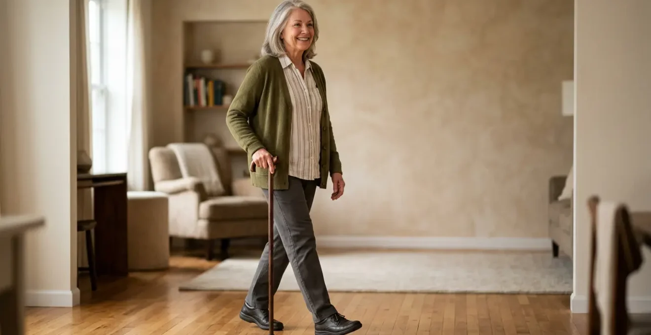 Personne marchant avec une canne de marche correctement réglée pour soulager une douleur de hanche