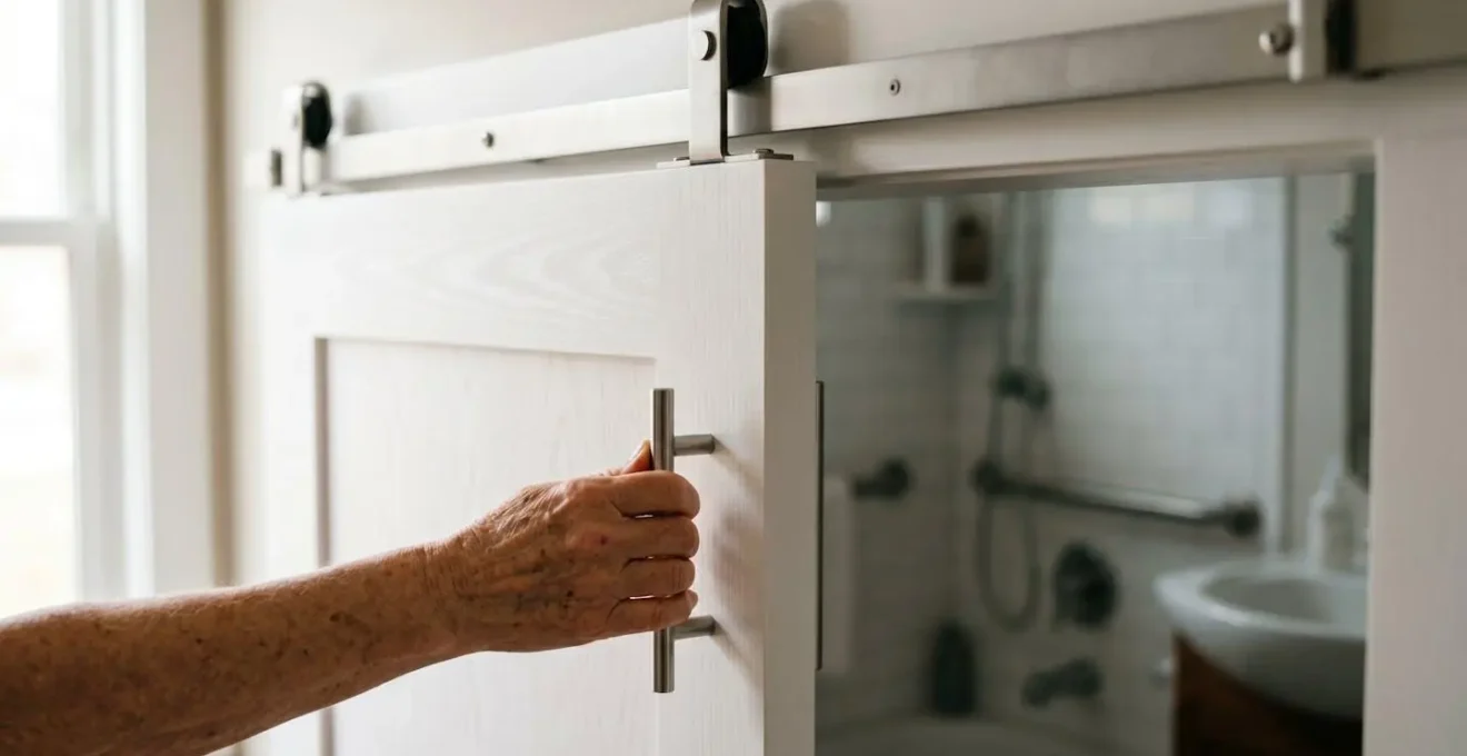 Porte coulissante en applique pour salle de bain PMR permettant un accès permanent sans encombrement intérieur ou extérieur
