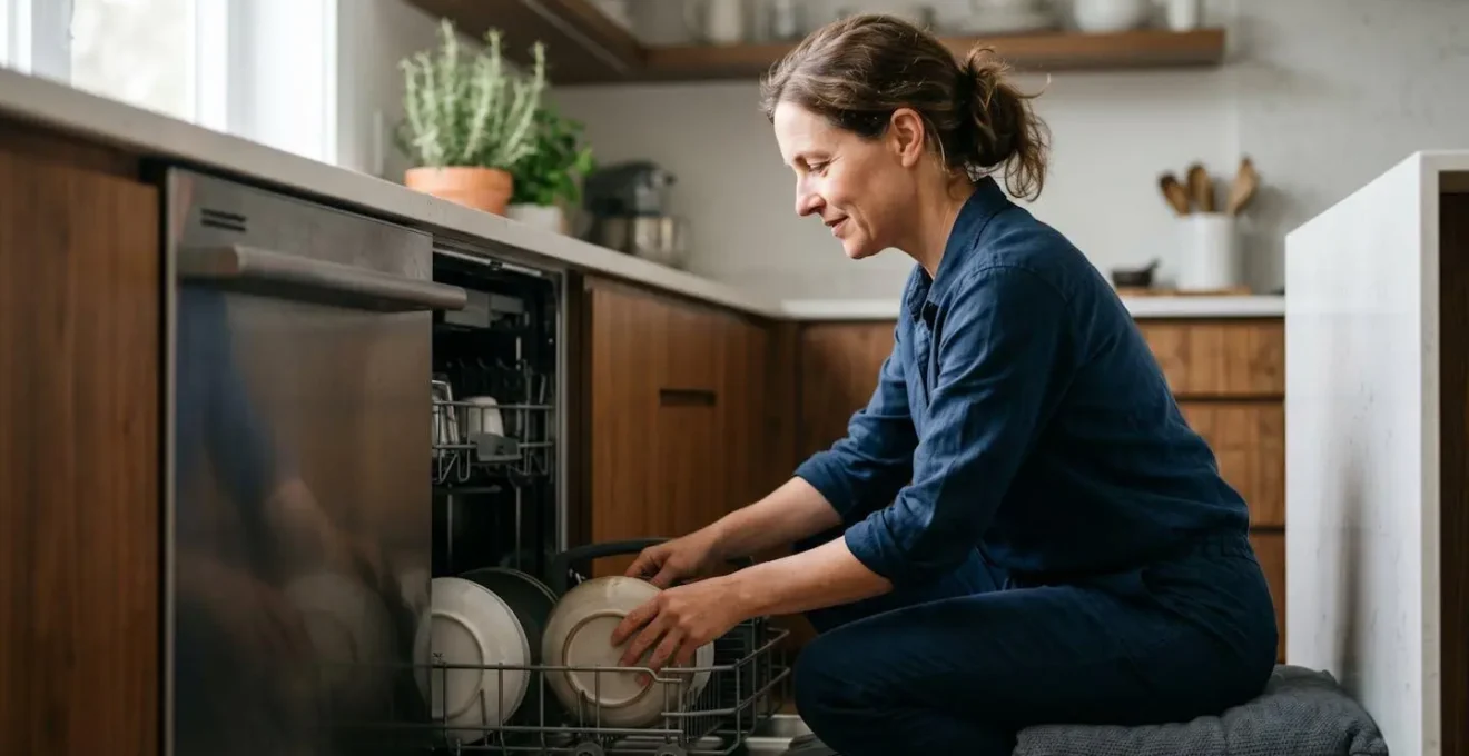 Personne adoptant une posture ergonomique à genoux pour charger un lave-vaisselle en gardant le dos droit