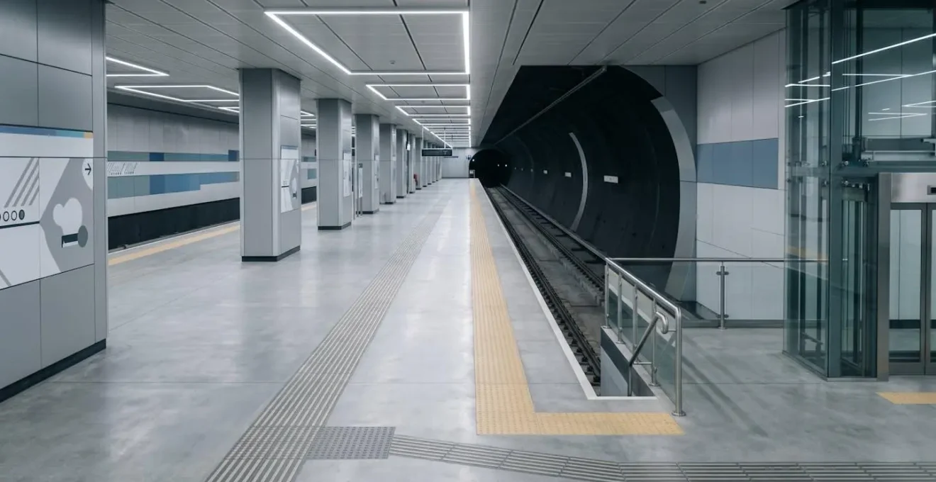 Vue en plongée d'un quai de métro vide montrant les zones stratégiques de positionnement