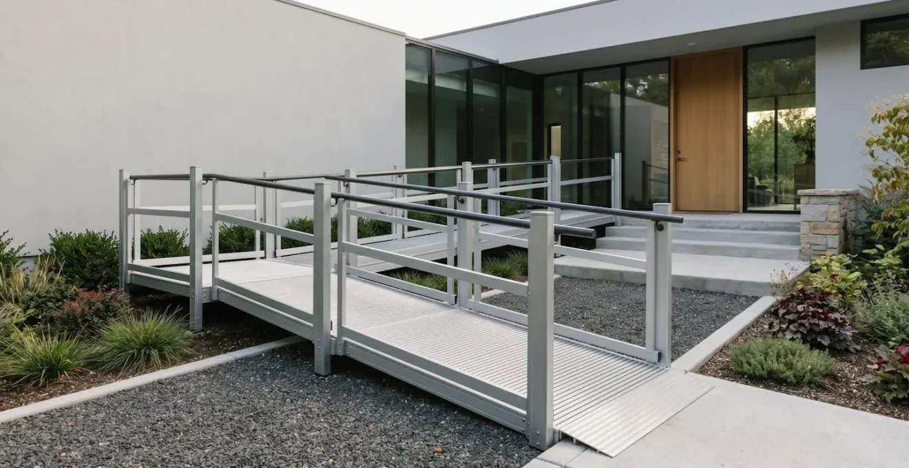 Vue d'ensemble d'une rampe d'accès modulaire en aluminium installée à l'extérieur d'une maison
