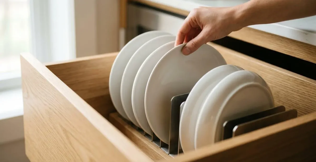 Tiroir de cuisine avec séparateurs verticaux permettant de ranger les assiettes debout comme dans une bibliothèque