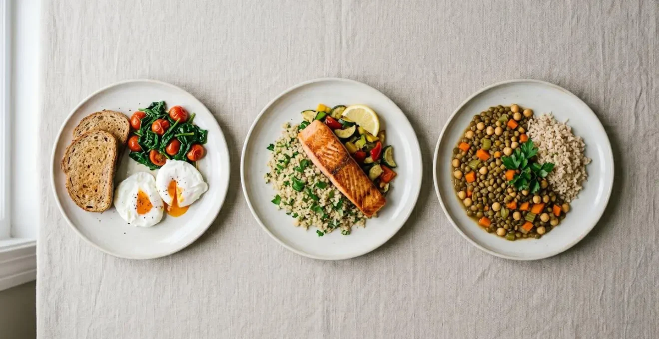 Assiettes représentant la répartition équilibrée des protéines sur trois repas quotidiens pour seniors