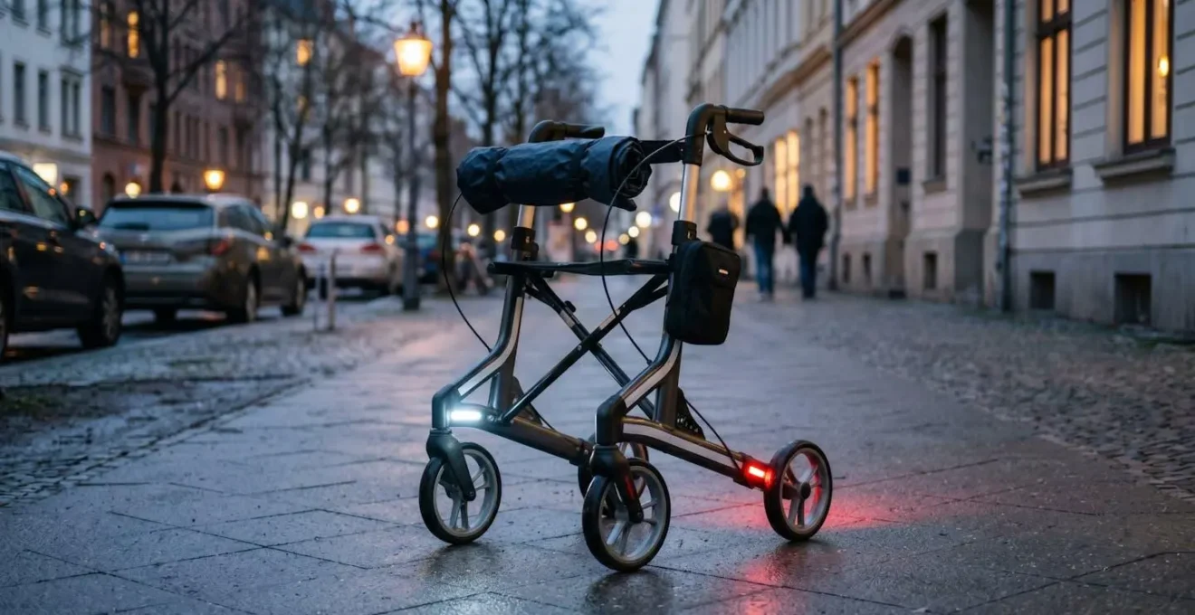 Déambulateur équipé d'accessoires de visibilité et de protection pour les sorties hivernales
