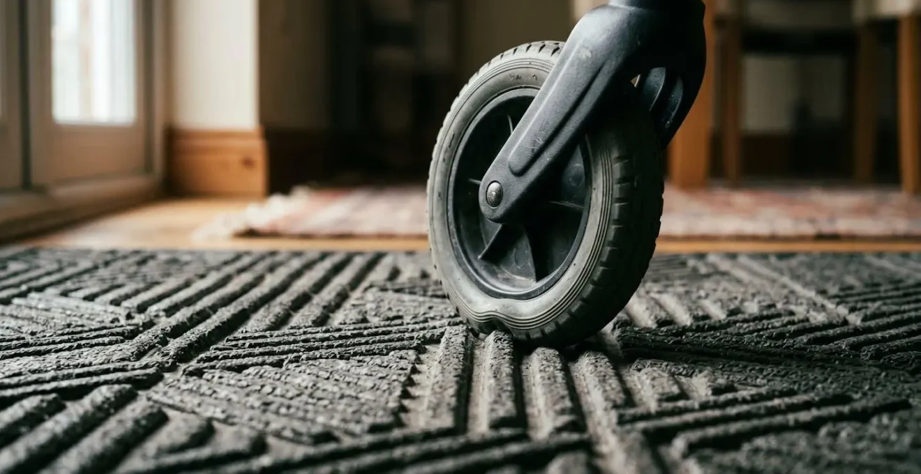 Gros plan dramatique sur une petite roue de déambulateur coincée dans le relief prononcé d'un sol R11, illustrant le syndrome du blocage