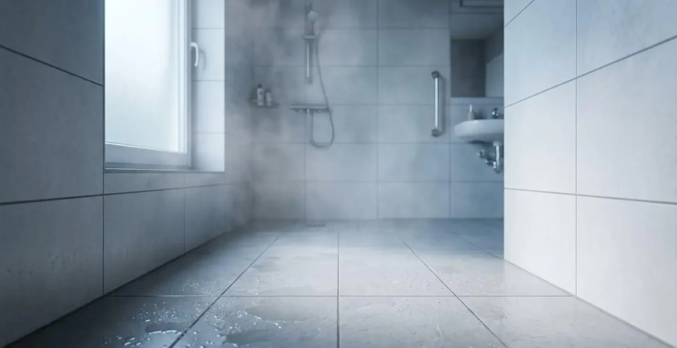 Vue d'une salle de bain moderne avec des surfaces mouillées et de la vapeur illustrant les risques de chute pour les personnes âgées