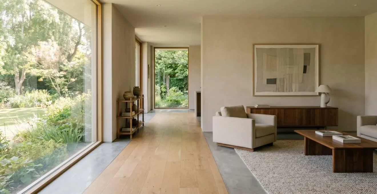 Vue grand angle d'un salon aménagé avec des espaces de circulation dégagés et des meubles stables