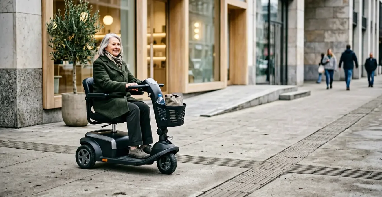 Scooter électrique PMR trois roues dans un environnement urbain accessible