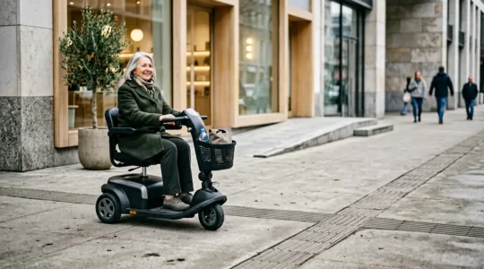 Scooter électrique PMR trois roues dans un environnement urbain accessible