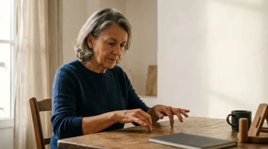 Senior actif découvrant une nouvelle compétence cognitive dans un environnement lumineux