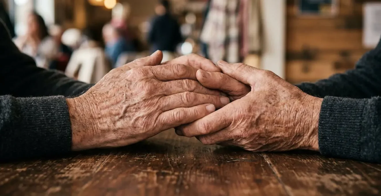Main d'une personne âgée tenant celle d'une autre personne dans un geste de solidarité et d'engagement bénévole
