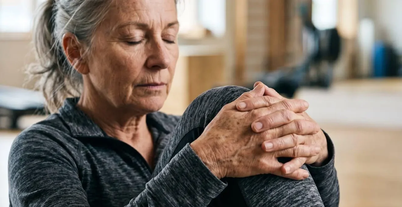 Senior concentré effectuant un mouvement de gym douce en toute sérénité, focalisé sur sa propre exécution
