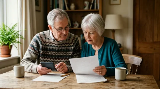 Couple de seniors consultant des documents financiers pour planifier leur maintien à domicile