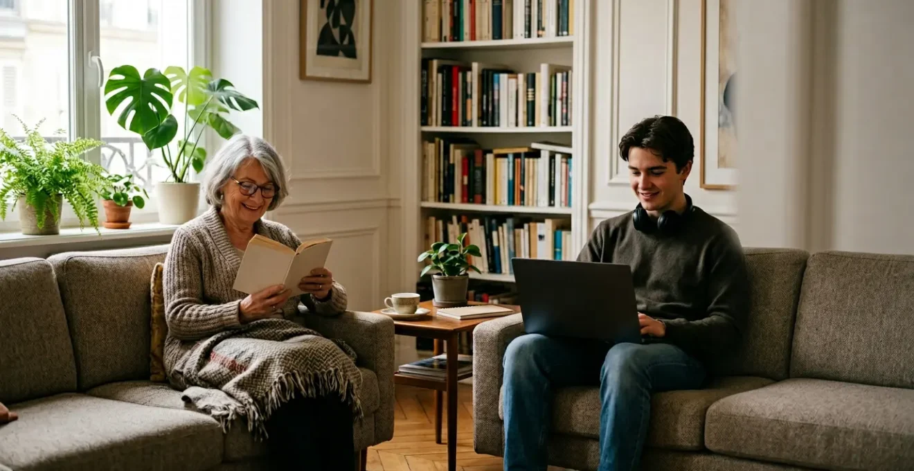 Une personne âgée et un jeune étudiant partagent un moment de convivialité dans un salon lumineux, illustrant la cohabitation intergénérationnelle