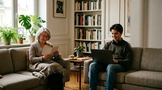Une personne âgée et un jeune étudiant partagent un moment de convivialité dans un salon lumineux, illustrant la cohabitation intergénérationnelle