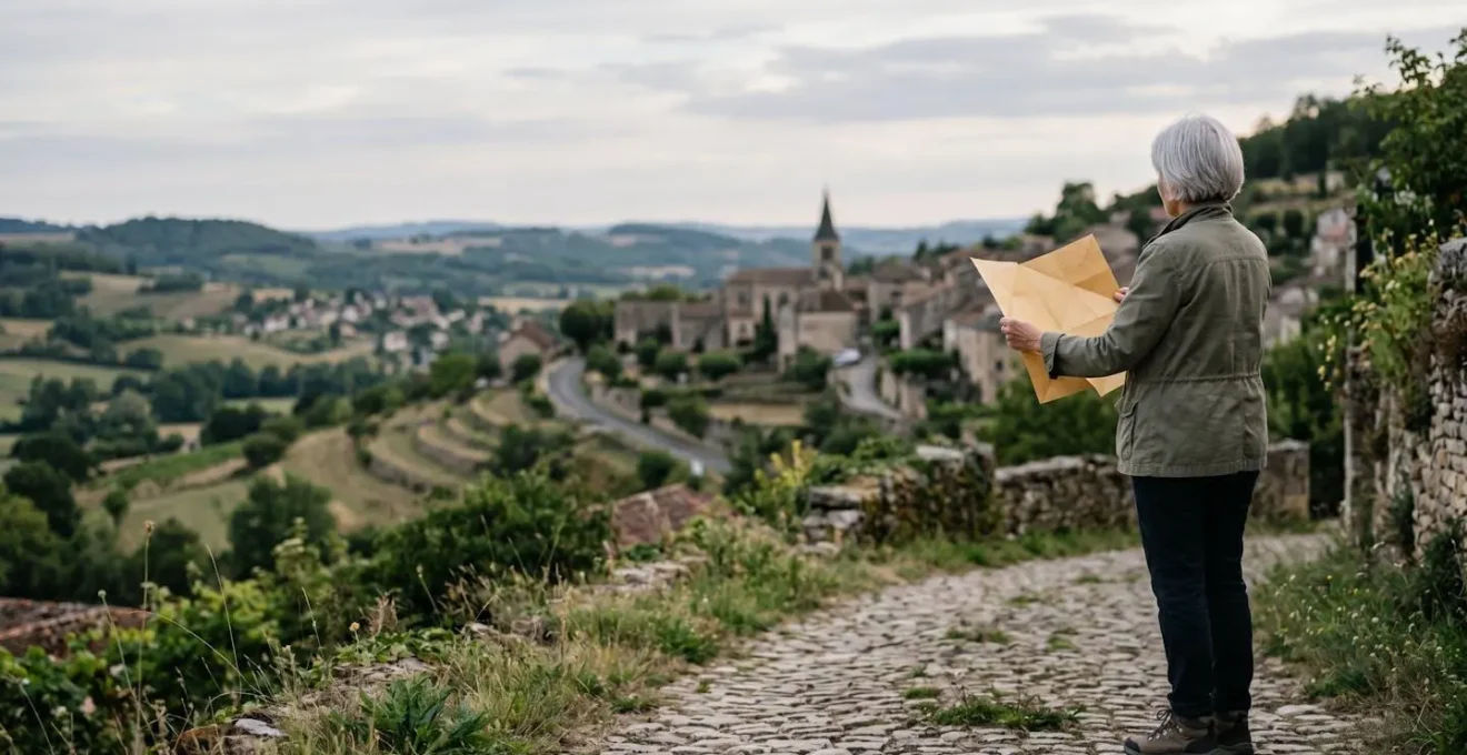 Personne âgée planifiant un itinéraire avec une carte dans un environnement naturel français