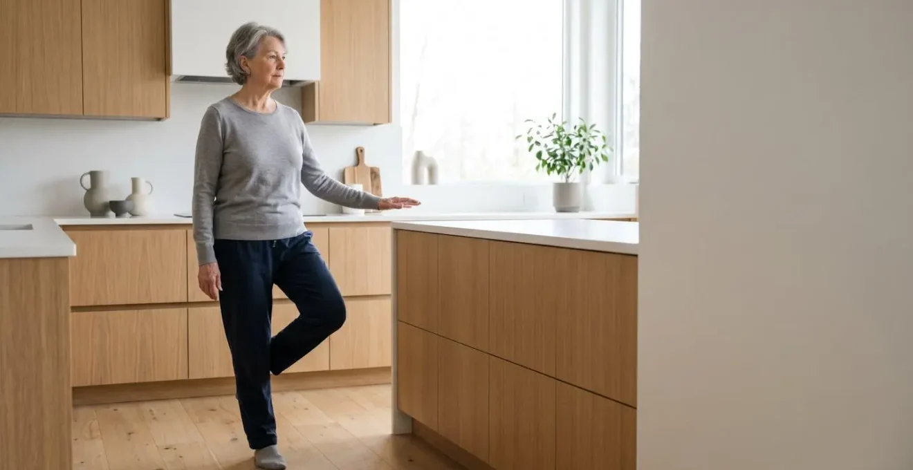 Senior effectuant un test d'équilibre sur une jambe dans sa cuisine, s'appuyant légèrement sur le plan de travail