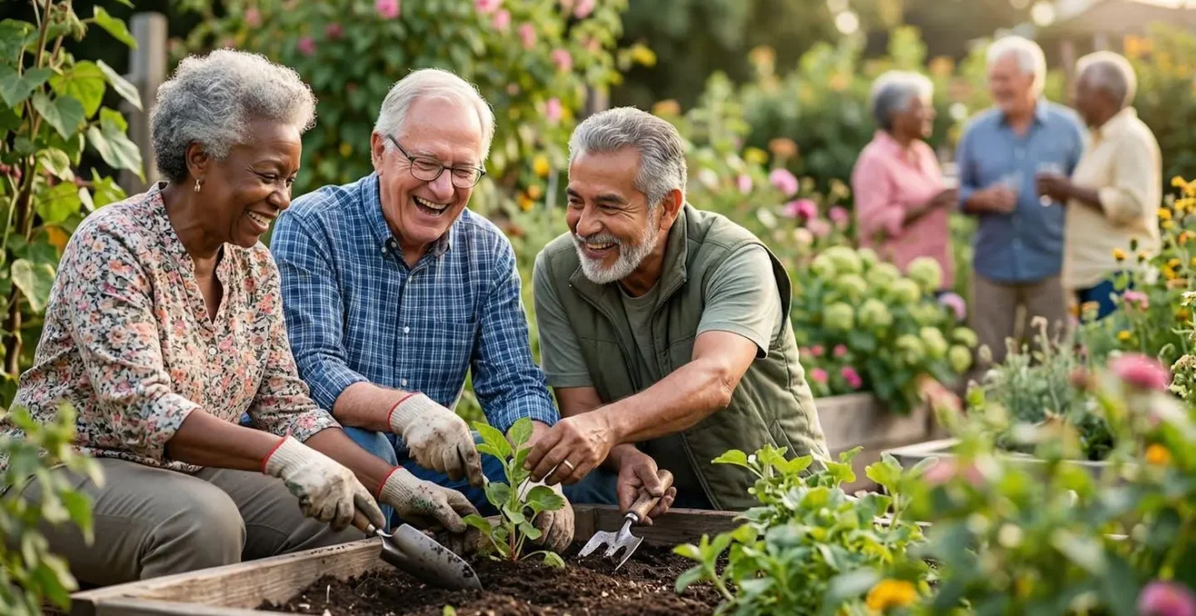 Groupe de seniors actifs cultivant ensemble un jardin communautaire, symbolisant l'engagement social et le sens de la vie