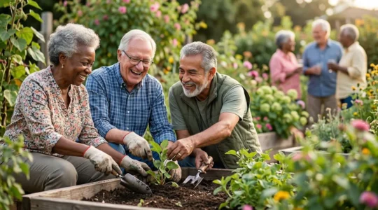 Groupe de seniors actifs cultivant ensemble un jardin communautaire, symbolisant l'engagement social et le sens de la vie