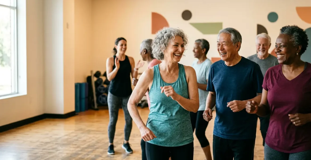 Groupe de seniors souriants pratiquant une séance de gym douce collective dans une salle lumineuse