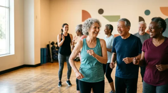 Groupe de seniors souriants pratiquant une séance de gym douce collective dans une salle lumineuse