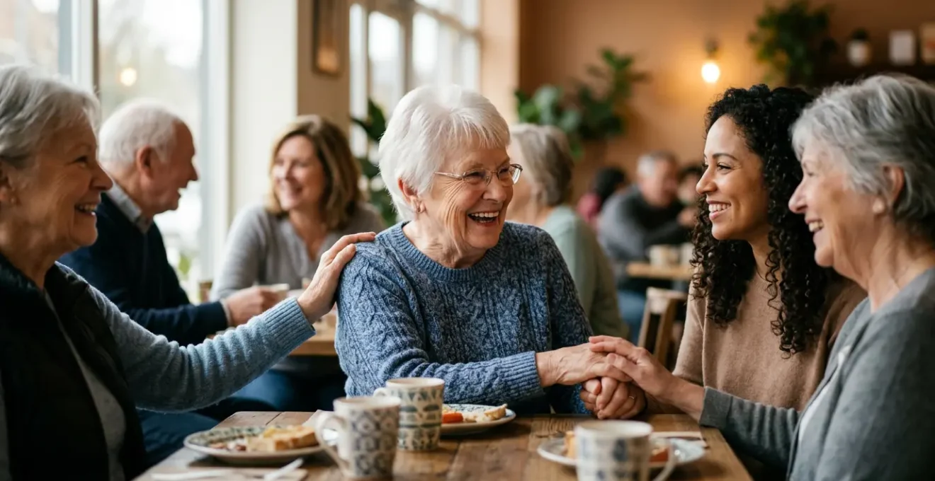 Personne âgée partageant un moment de convivialité avec d'autres personnes dans un environnement chaleureux