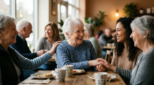 Personne âgée partageant un moment de convivialité avec d'autres personnes dans un environnement chaleureux