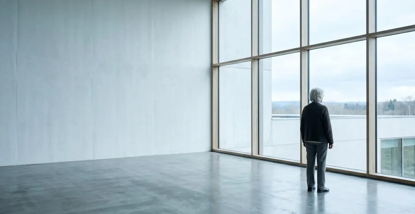 Silhouette d'une personne âgée vue de dos dans un vaste espace intérieur lumineux avec grande fenêtre créant une atmosphère de solitude contemplative