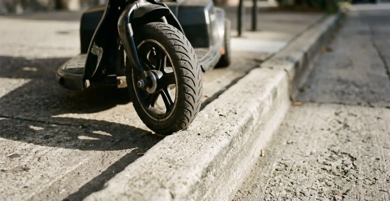 Démonstration visuelle de la technique d'approche à 45 degrés pour franchir un trottoir en scooter PMR