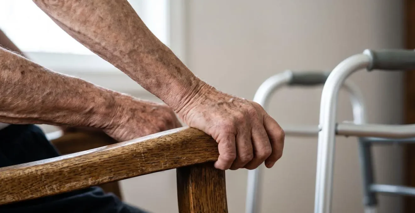 Démonstration de la technique de transfert sécurisé depuis une chaise en appuyant sur les accoudoirs et non sur le cadre de marche