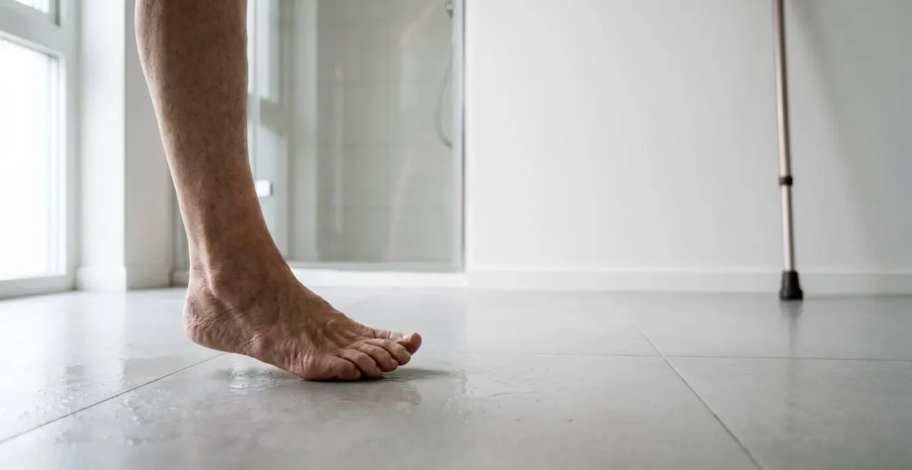 Scène épurée montrant un pied senior en appui instable sur une surface humide, illustrant le manque de friction sur un sol R9