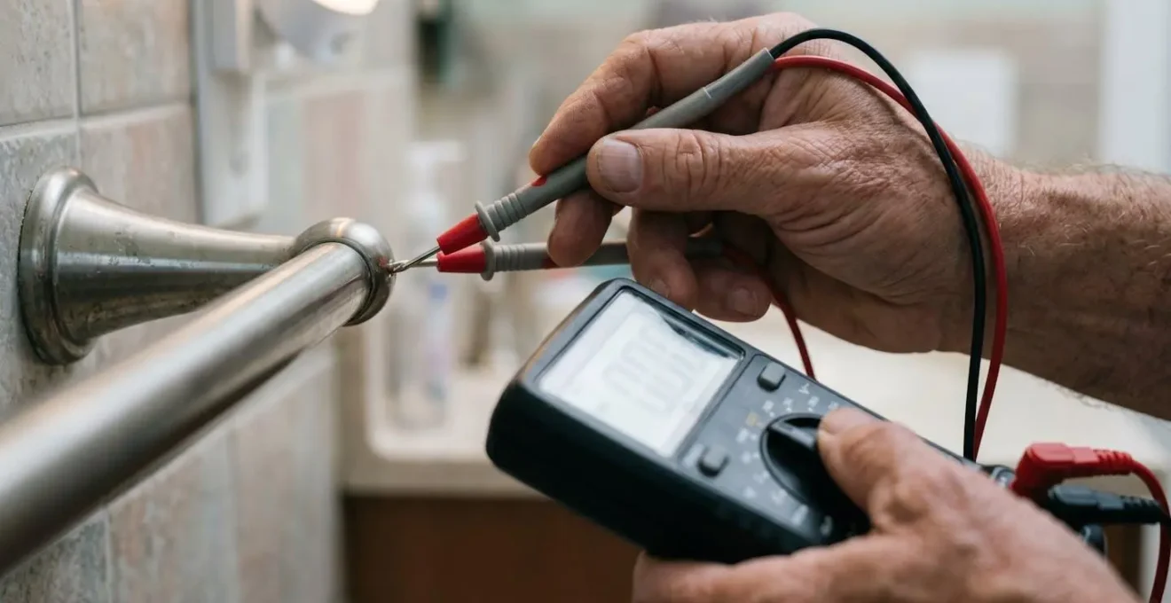 Gros plan sur des mains tenant un multimètre professionnel testant une surface métallique pour vérifier la liaison équipotentielle