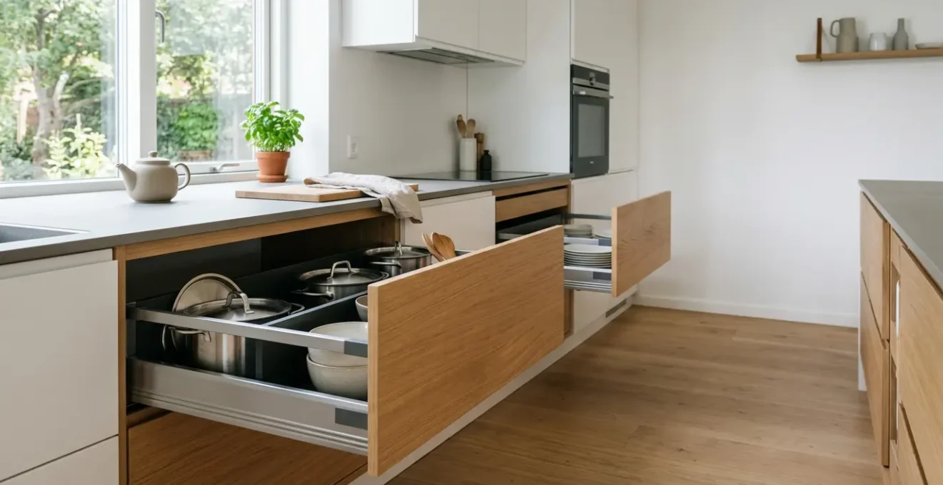 Vue ergonomique d'une cuisine moderne avec tiroirs coulissants ouverts montrant un aménagement accessible et sans effort