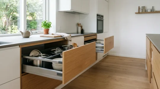 Vue ergonomique d'une cuisine moderne avec tiroirs coulissants ouverts montrant un aménagement accessible et sans effort