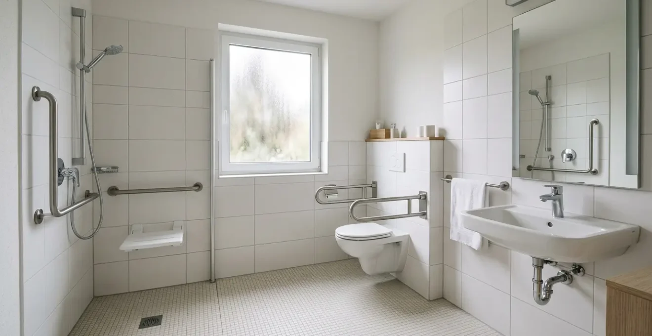Salle de bain compacte de 4m² aménagée pour l'accessibilité PMR avec douche à l'italienne, barres d'appui et espaces de circulation optimisés
