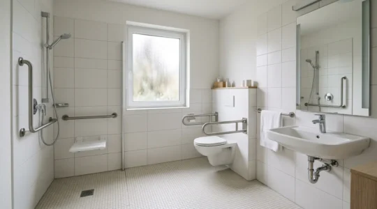 Salle de bain compacte de 4m² aménagée pour l'accessibilité PMR avec douche à l'italienne, barres d'appui et espaces de circulation optimisés
