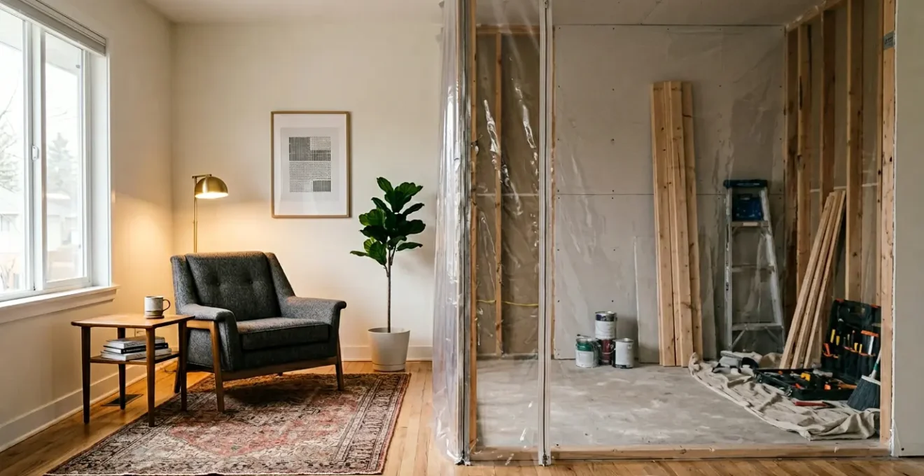 Scène sereine d'un espace de vie pendant une rénovation accessible aux seniors