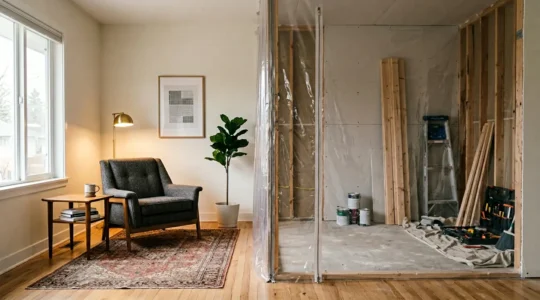 Scène sereine d'un espace de vie pendant une rénovation accessible aux seniors